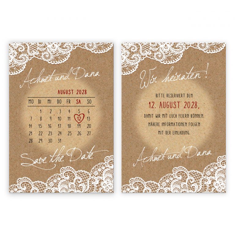 Einladungskarte Hochzeit Save the Date Kalender Spitze 2 