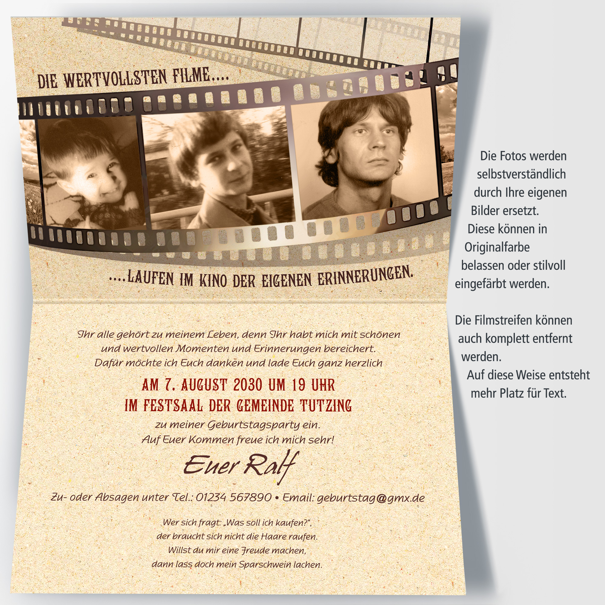 Kino Einladungskarte Geburtstag Filmstreifen Variante 2