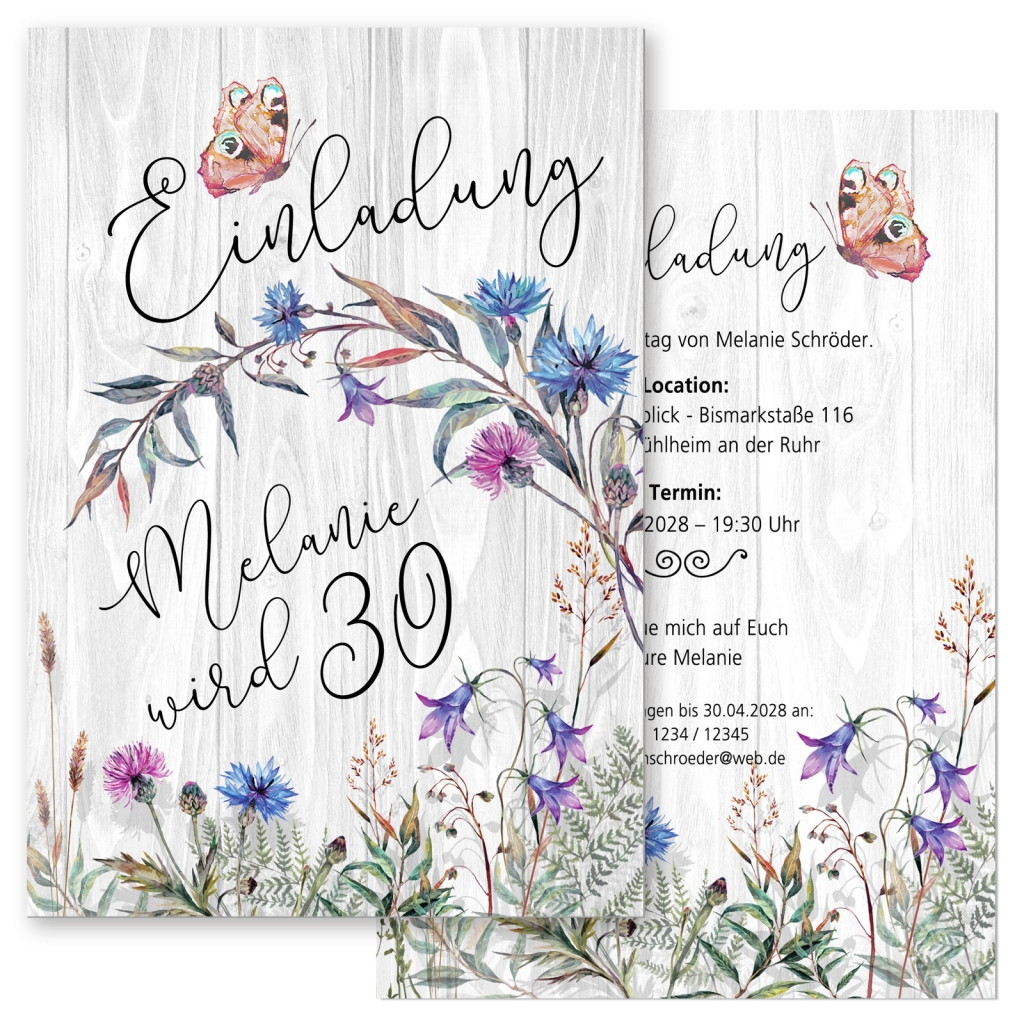 Einladungskarten Geburtstag Blumenwiese Schmetterling