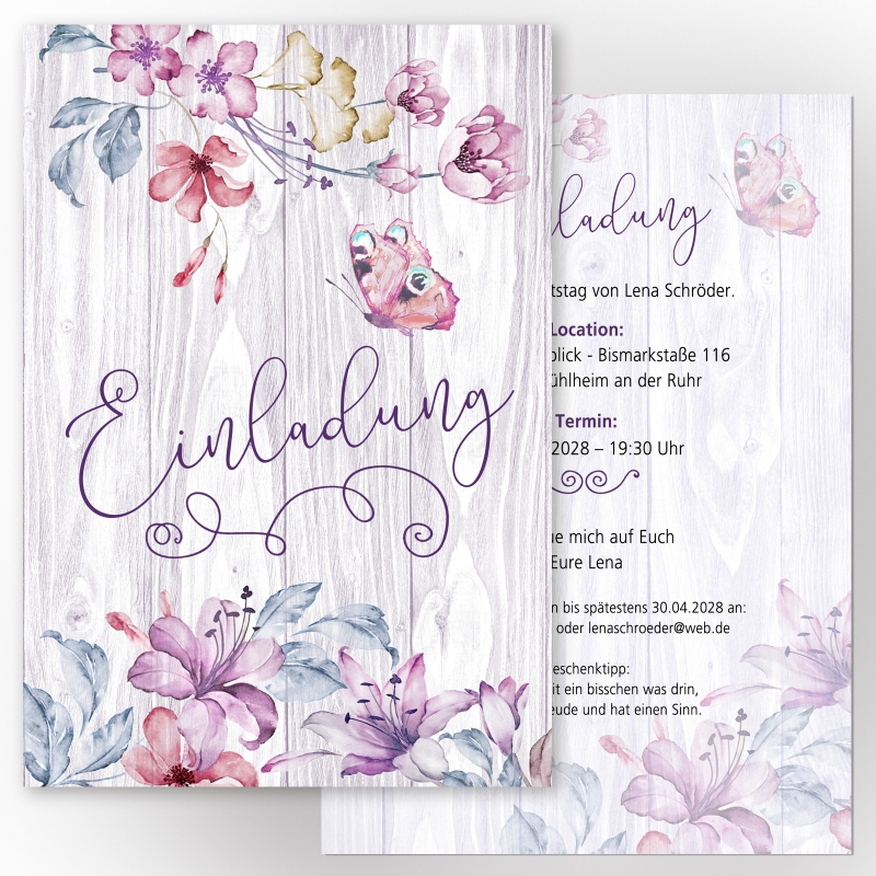 Einladungskarten Geburtstag Blumen Aquarell lila