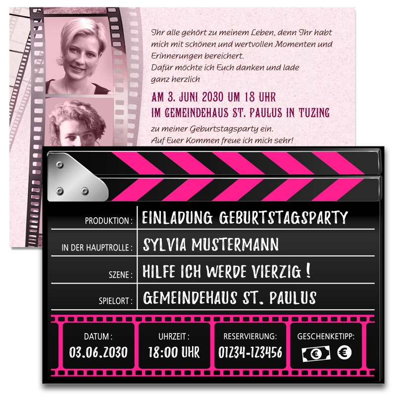 Einladungskarten Geburtstag Kinoklappe pink