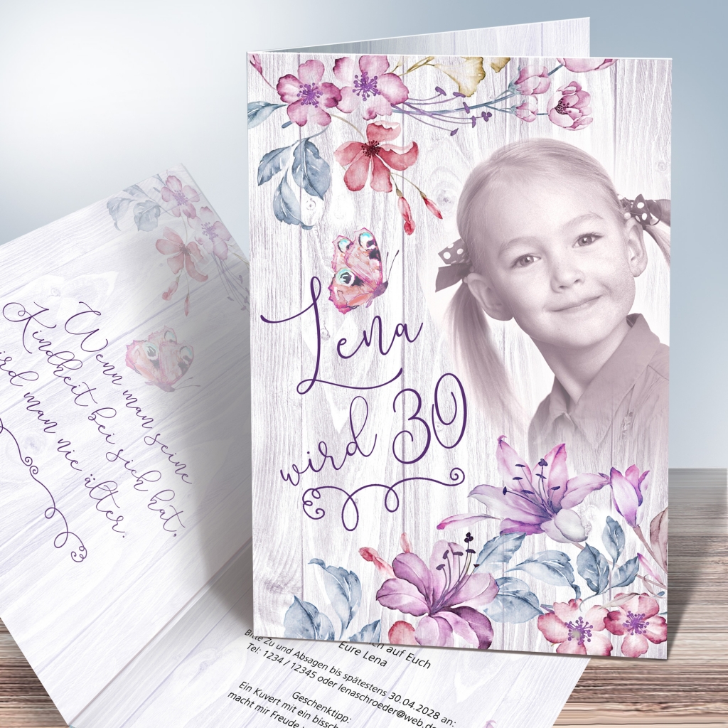 Einladungskarten Geburtstag Blumenaquarell lila