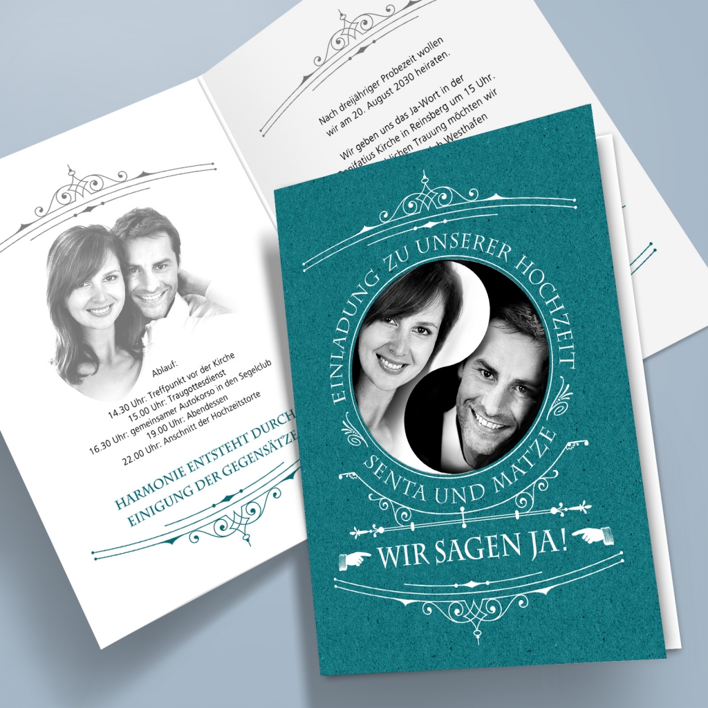Einladungskarten Hochzeit Yin Yang türkis