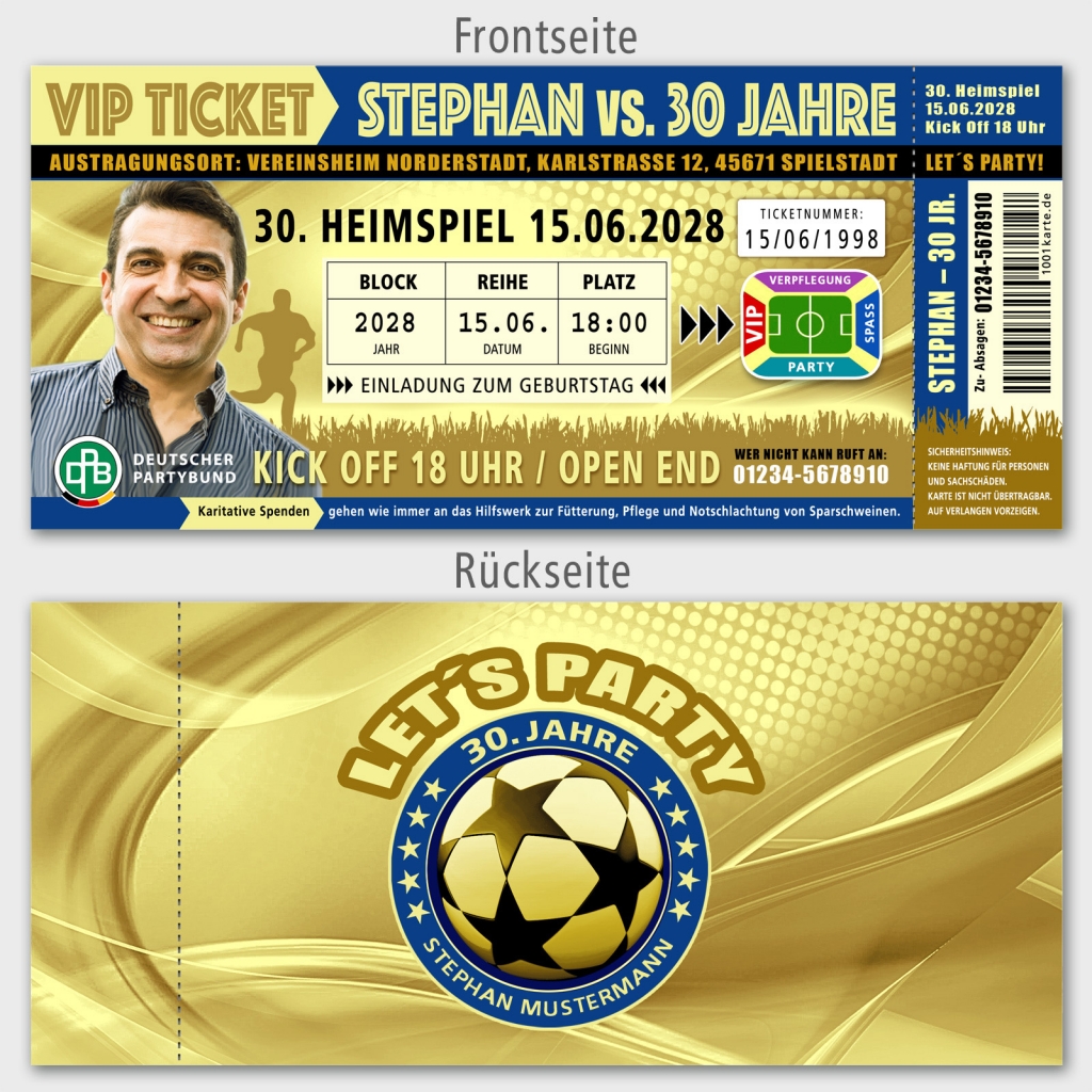 Fußballticket Einladungskarten Geburtstag VIP blau gold