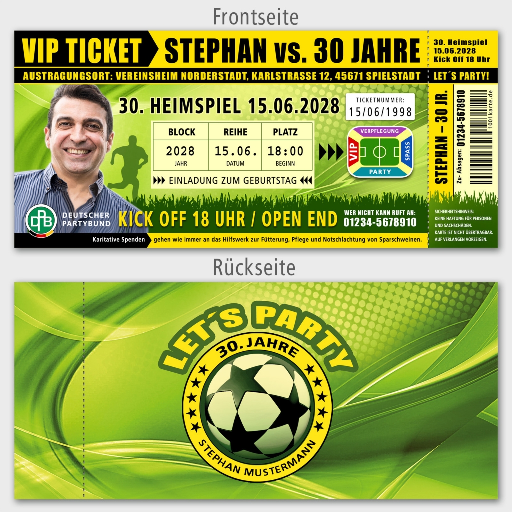 Einladungskarten Geburtstag Fußballticket VIP grün gelb schwarz