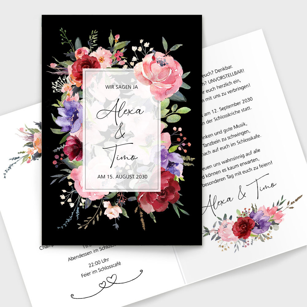 Hochzeitskarten Blumen Boho schwarz
