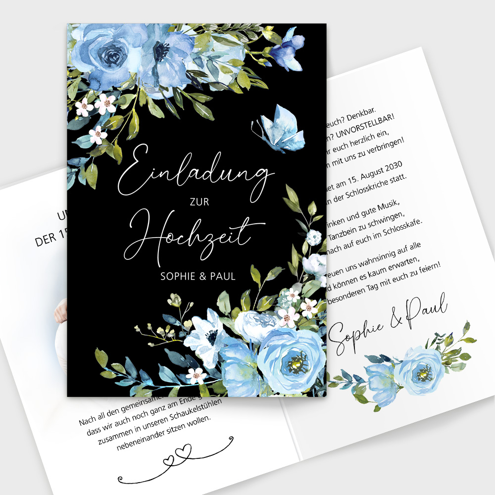Einladungskarten Hochzeit blaue Rosen – 1001karte.de