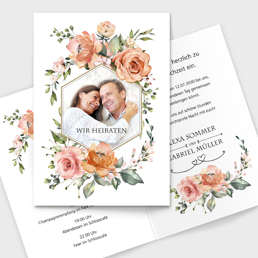 Hochzeitskarten Rosen aprikot Bild