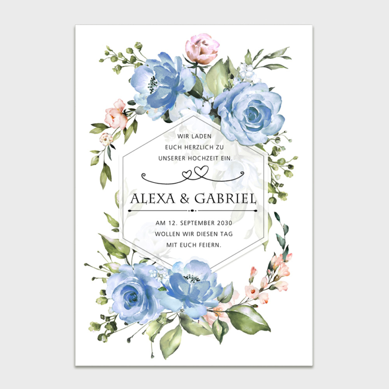 Hochzeitskarten rustikal blaue Rosen