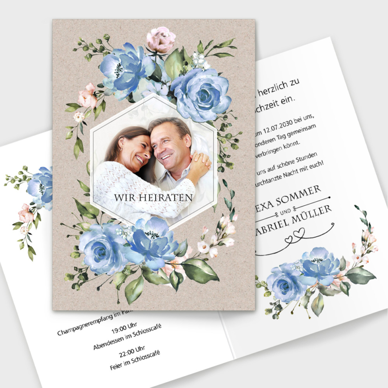 Hochzeitskarten blaue Rosen rustikal
