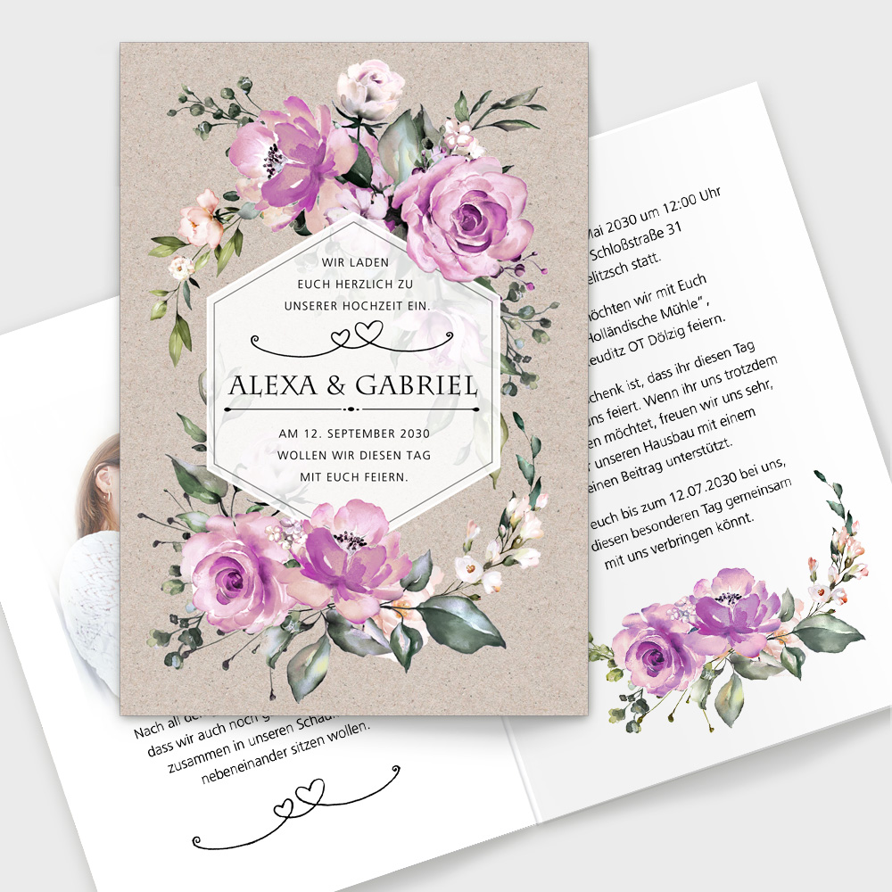 Einladungskarten Hochzeit lila rustikal
