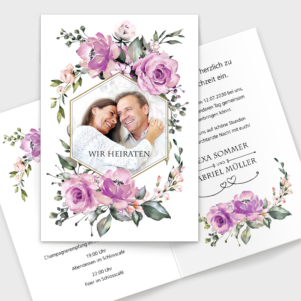Hochzeitskarten lila Rosen Boho