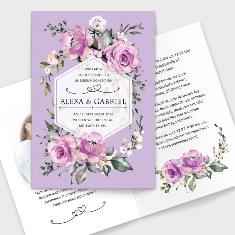 Einladungskarten Hochzeit lila Rosen