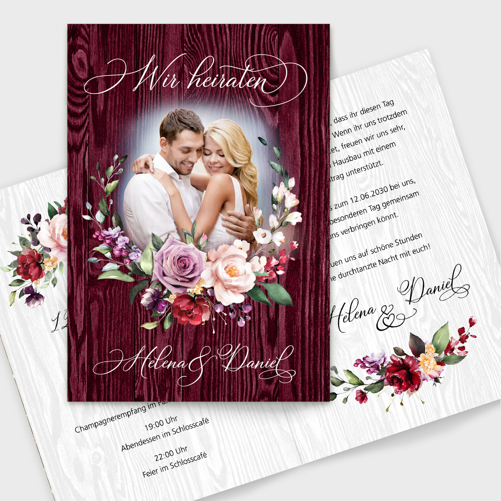 Einladungskarten Hochzeit dunkelrot floral