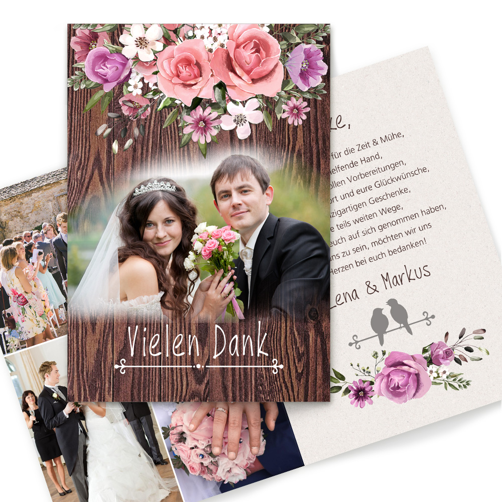 Danksagungskarten Hochzeit Blumen Holz
